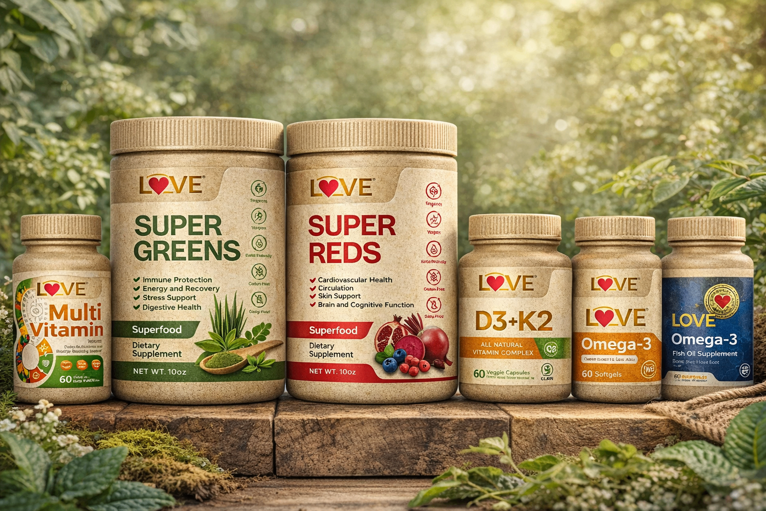 LOVE Nutrition Products — SuperGreens, SuperReds, Multi Vitamin, D3+K2, Omega-3