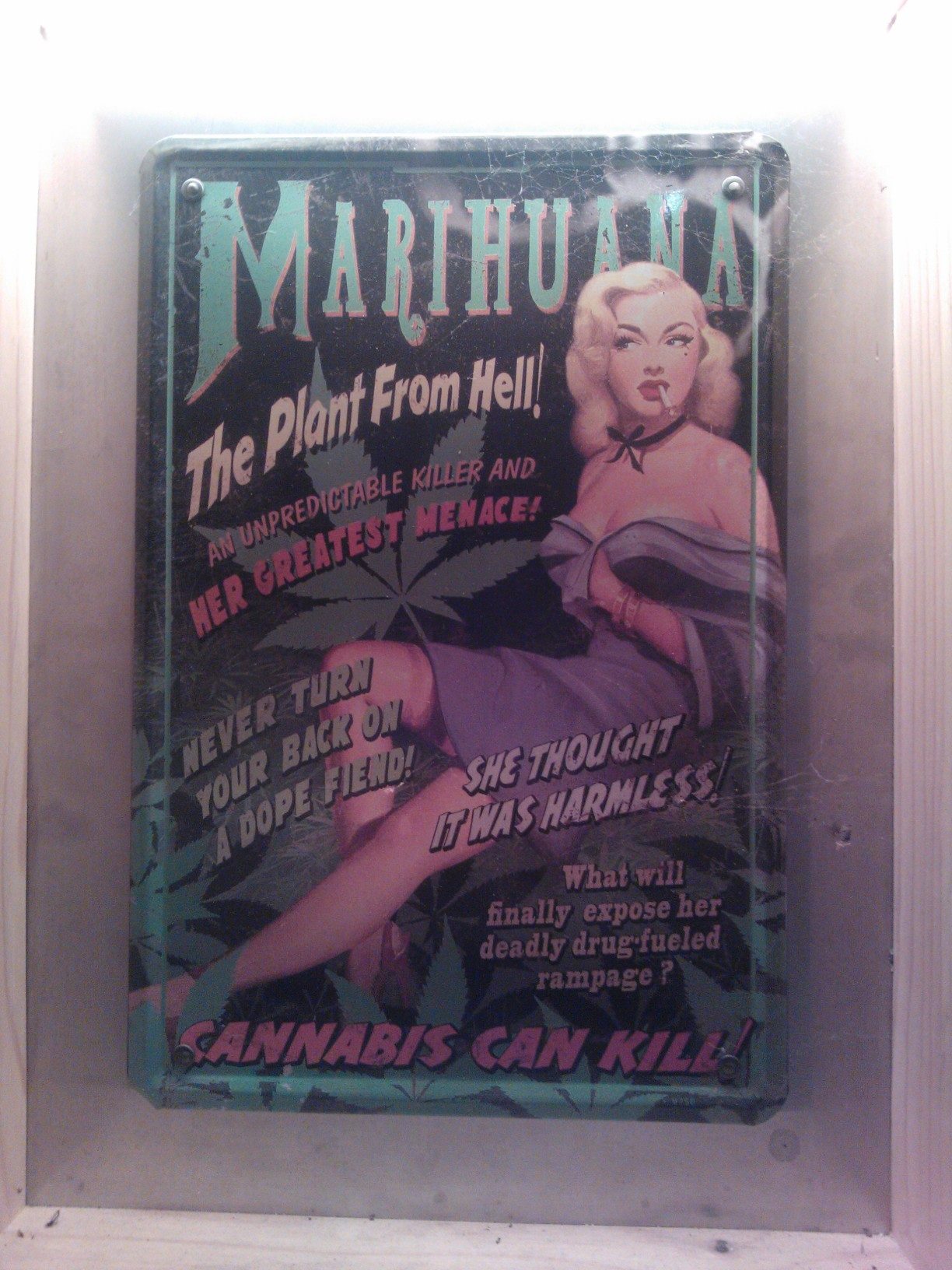 »Marihuana — The Plant From Hell!« Vintage tabla iz mojega arhiva. Po mojem mnenju načrtna propaganda drugih industrij.