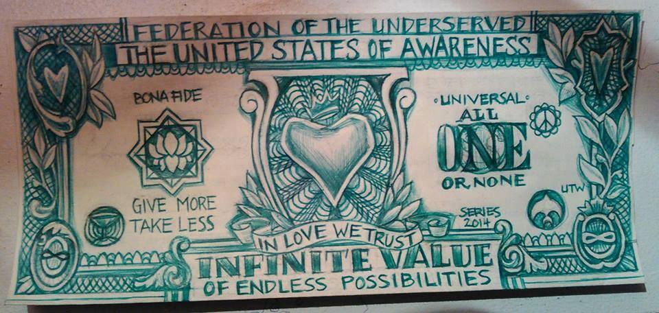 Hand-drawn 2014 LOVE banknote concept titled 'Federation of the Underserved' with the motto 'In LOVE We Trust — Infinite Value of Endless Possibilities' — early seed of the LOVE Coin project.
