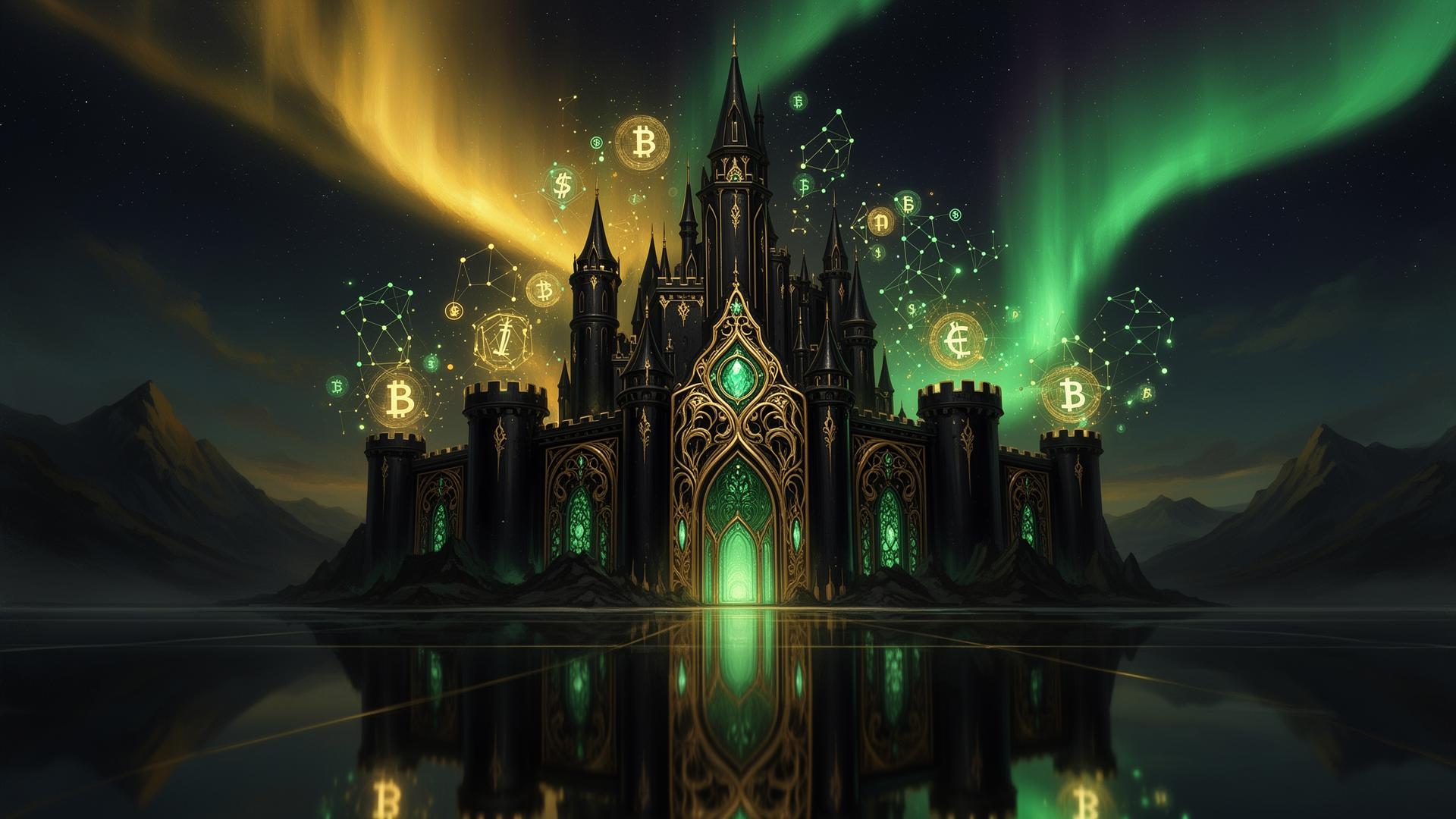 LOVE Grad — the LOVE Castle, obsidian fortress with golden filigree and emerald gates under an aurora of finance