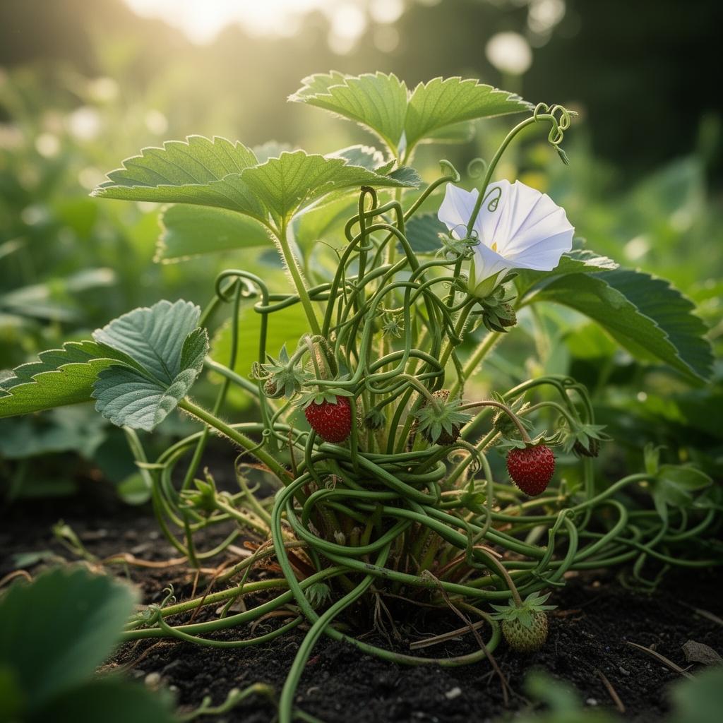 A small strawberry plant being strangled by bindweed vines in a garden