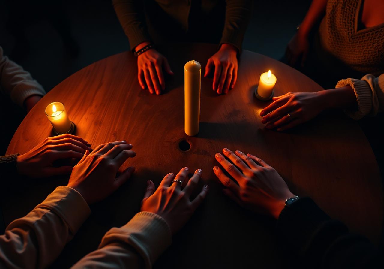 A round wooden table with hands gathered around it