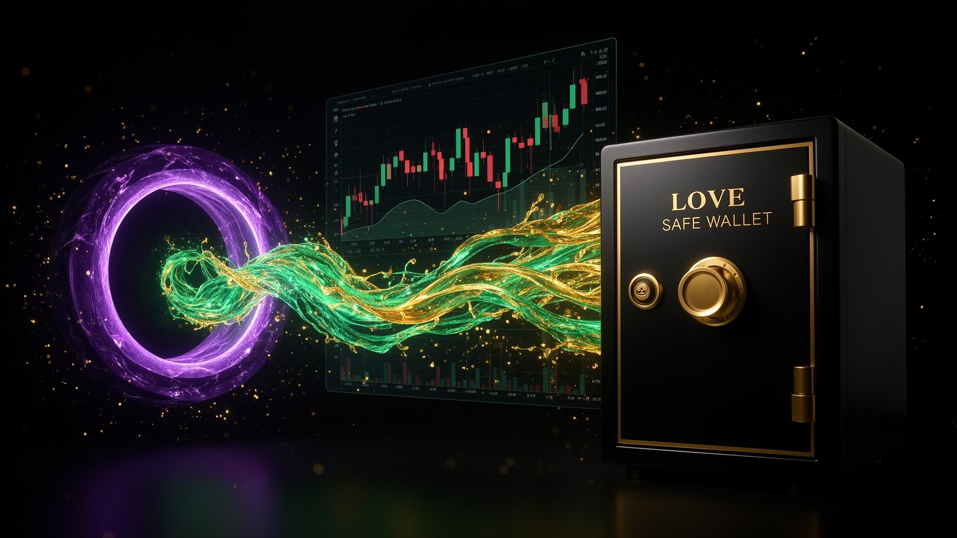 sLOVE on LOVE Flow — emerald and gold liquid flowing from Solana portal into LOVE SAFE Wallet vault
