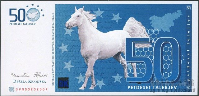 50 Talerjev banknote from the private Dežela Kranjska series — first independent Slovenian banknote design featuring a white horse and the map of Slovenia.