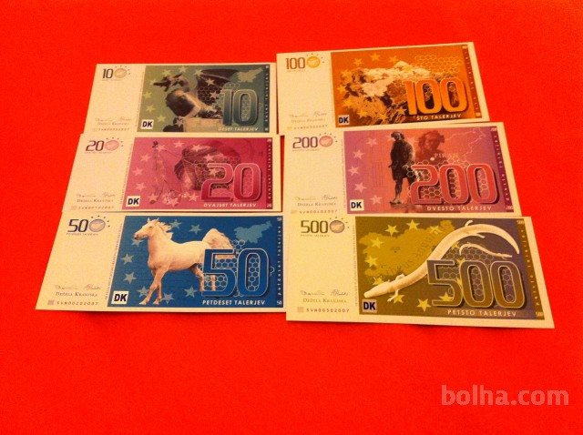 Complete Talar banknote set — 10, 20, 50, 100, 200 and 500 Talerjev arranged together as an artistic vision of sovereign Slovenian currency.