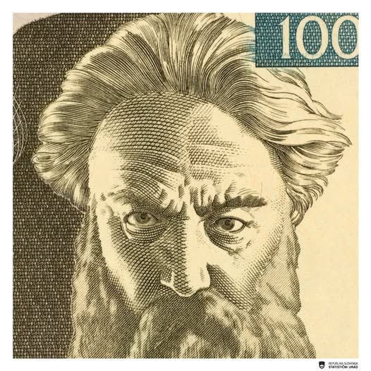 Detail of the Slovenian 100 Tolar banknote featuring a portrait of painter Rihard Jakopič — published by SURS in May 2026 to show how much fiat money has lost in purchasing power.